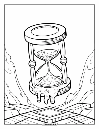 Coloriage de slime pour adultes : Du slime s'écoule d'un sablier flottant au-dessus de formes géométriques