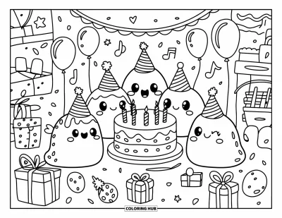 Coloriage de slime pour adultes : Des slimes fêtent un anniversaire autour d'un gâteau à plusieurs étages avec des décorations