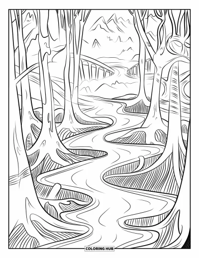 Coloriage de slime pour adultes : Des arbres fondent en slime fluide dans une forêt surréaliste