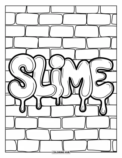 Coloriage de slime pour enfants : Un graffiti de slime en gras dégouline sur des briques apparentes