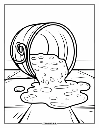 Coloriage de slime pour enfants : Un seau se renverse et répand un slime épais sur le sol