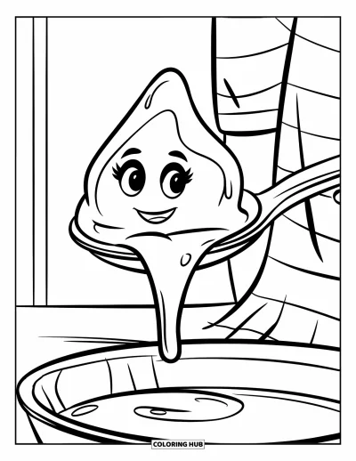 Coloriage de slime pour enfants : Une goutte de slime joyeuse glisse le long d'une cuillère tenue par une main rayée