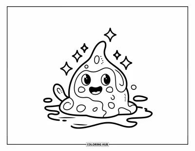 Coloriage de slime pour enfants : Un slime joyeux assis dans une flaque avec des étincelles au-dessus