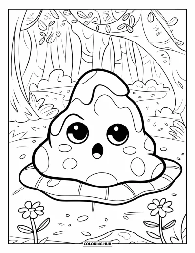 Coloriage de slime pour enfants : Un slime joyeux avec des bras et une tête assis sur un rocher près de l'eau
