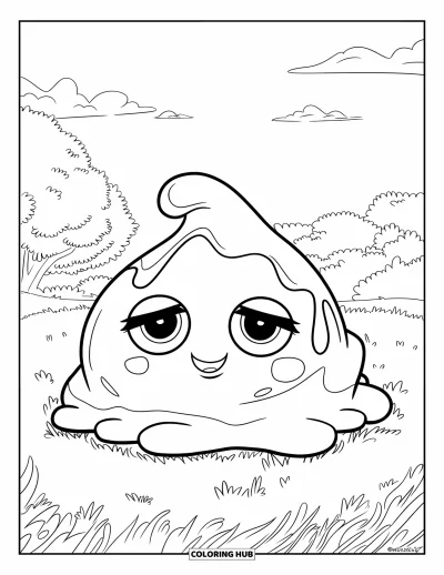 Coloriage de slime pour enfants : Un adorable blob de slime aux yeux tombants assis dans un champ herbeux