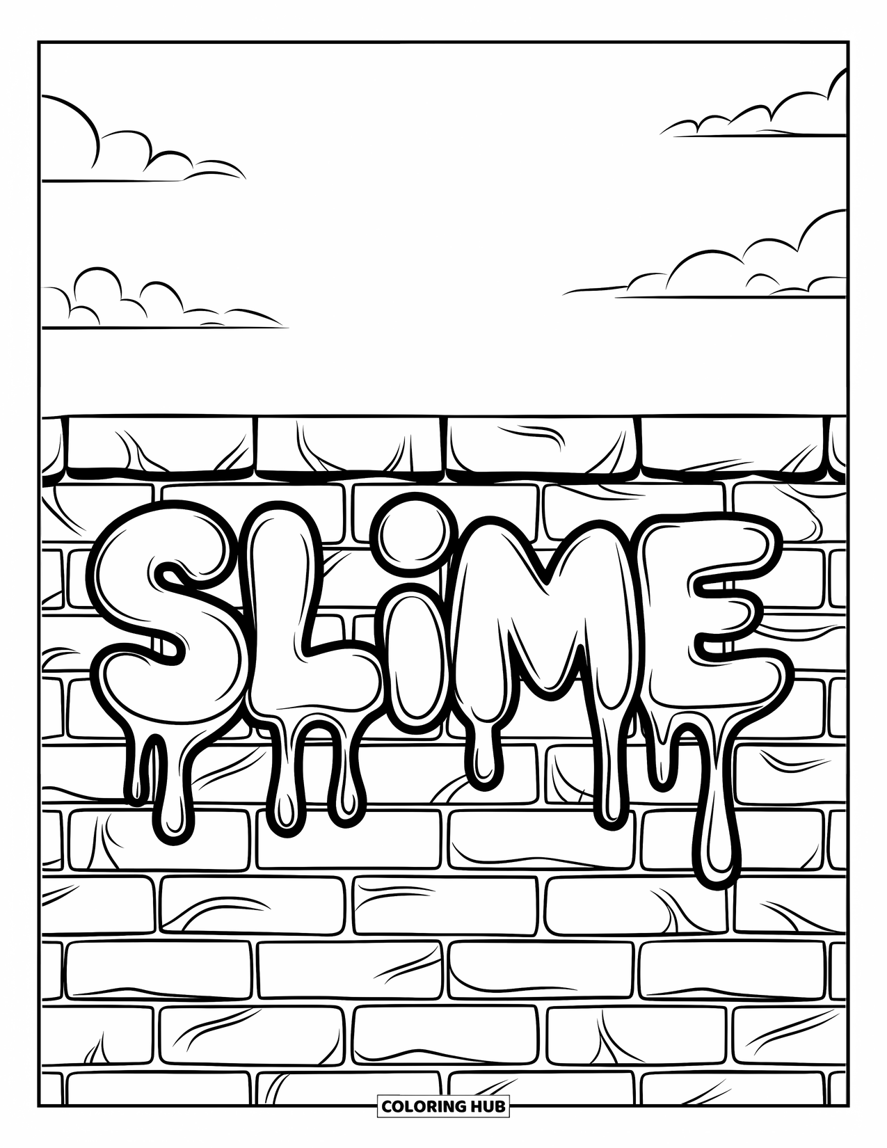 Slime Coloring Page for Kids: Dripping slime graffiti spells "SLIME" on a wall