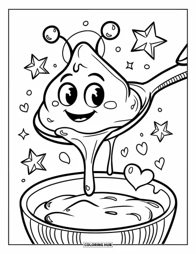Coloriage de slime pour enfants : Un slime avec des antennes dégouline d'une cuillère, entouré d'étoiles et de cœurs