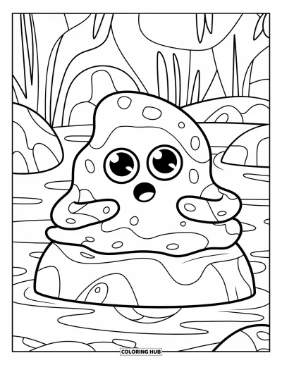 Coloriage de slime pour enfants : Un slime souriant aux yeux écarquillés perché sur une feuille en forêt