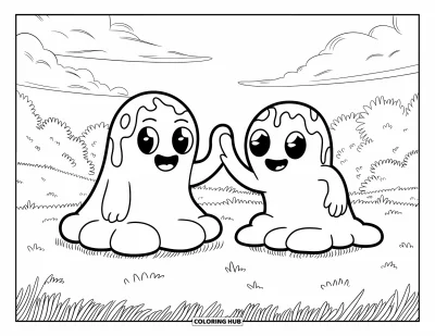 Coloriage de slime pour enfants : Des blobs de glu se tapent dans la main sur l'herbe avec des arbres derrière