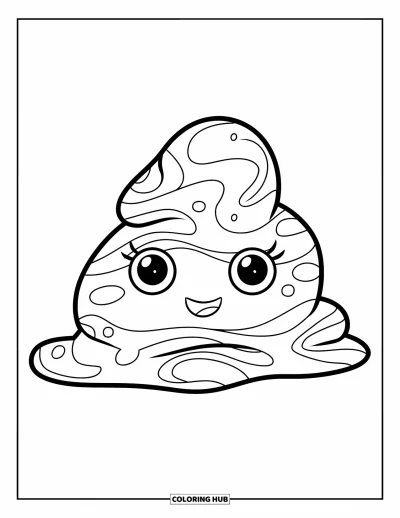 Coloriage de slime pour enfants : Un joyeux blob de slime aux yeux surpris posé sur une feuille en forêt