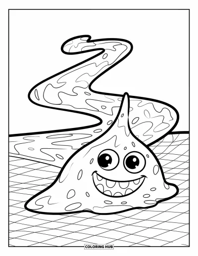 Coloriage de slime pour enfants : Un slime heureux laisse une traînée ondulée en forme de lettre