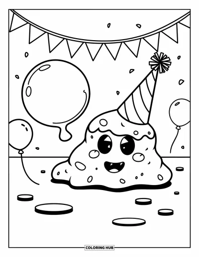 Coloriage de slime pour enfants : Un slime coiffé d'un chapeau de fête fait flotter une bulle de chewing-gum avec des ballons