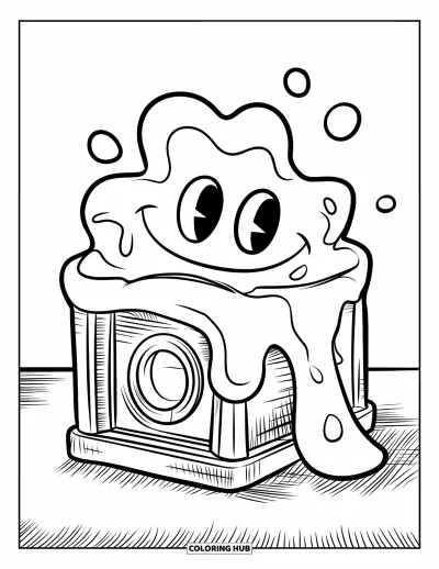 Coloriage de slime pour enfants : Un blob de glu espiègle glisse d'un cube jouet sur une table