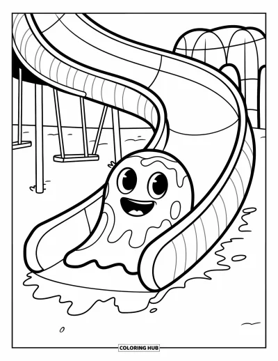 Coloriage de slime pour enfants : Un slime espiègle glisse sur un toboggan rayé