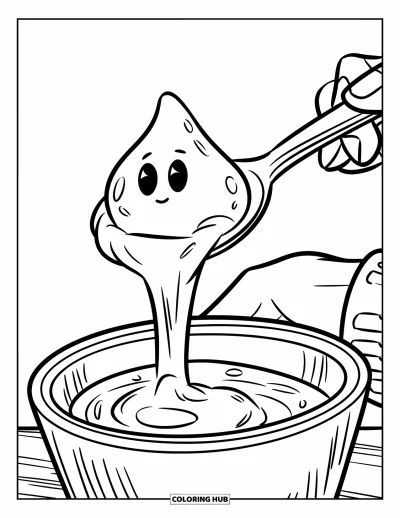Coloriage de slime pour enfants : Un slime au visage rond glisse doucement sur le bord d'une cuillère