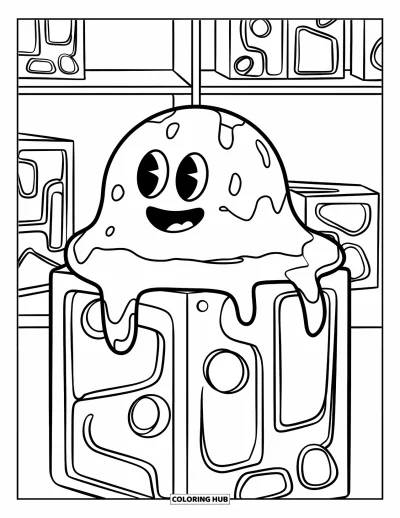 Coloriage de slime pour enfants : Un blob de glu rond glisse d'un cube jouet avec des lettres en laissant une traînée
