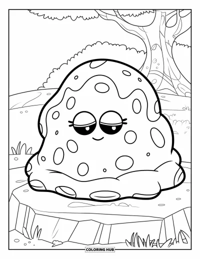 Coloriage de slime pour enfants : Un blob de slime endormi sur un rocher sous un arbre