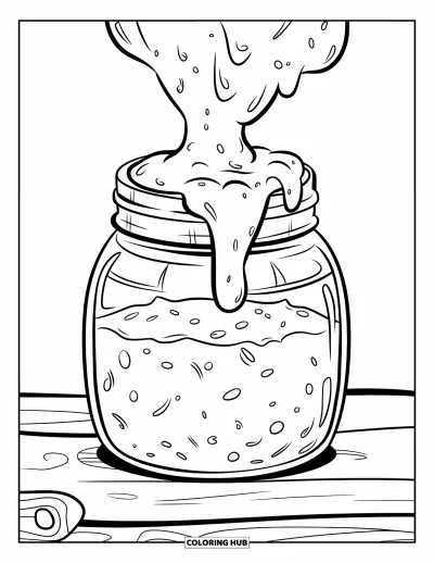 Coloriage de slime pour enfants : Du slime dégouline d'un bocal bulleux posé sur une surface en bois
