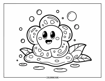 Coloriage de slime pour enfants : Une fleur de slime posée sur une feuille avec des cercles alentour