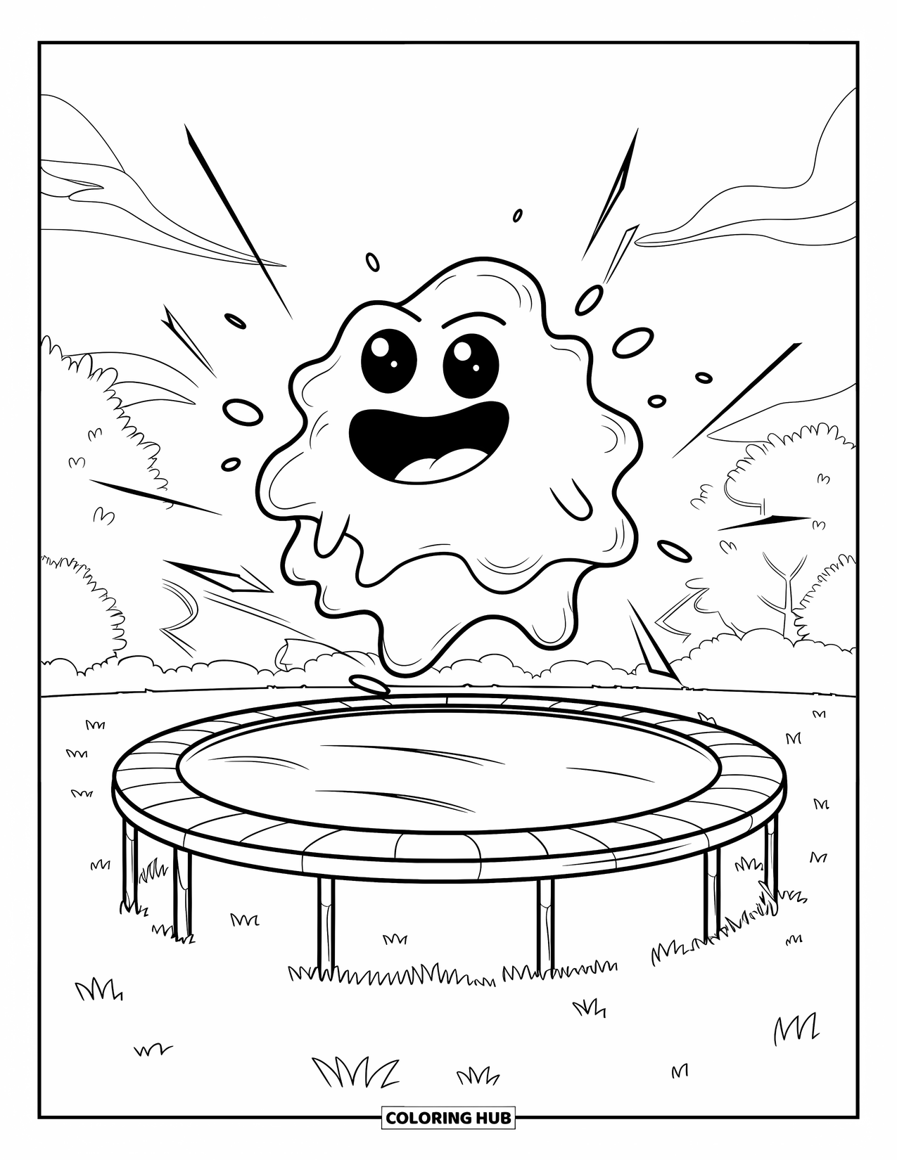Slime Coloring Page for Kids: Slime jumps on a trampoline in a field