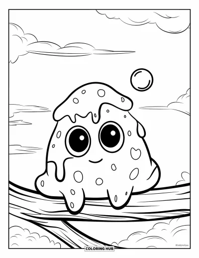 Coloriage de slime pour enfants : Un slime perché sur une branche souffle une bulle