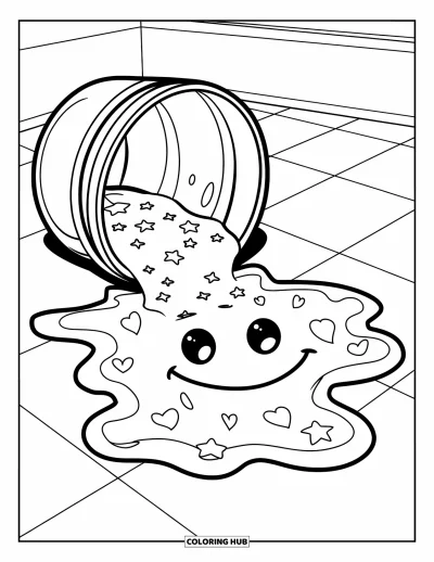 Coloriage de slime pour enfants : Un slime en forme de visage souriant s'étale près d'étoiles et de cœurs