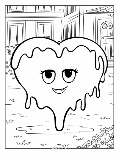 Coloriage de slime pour enfants : Un slime forme un cœur près d'une petite maison fleurie