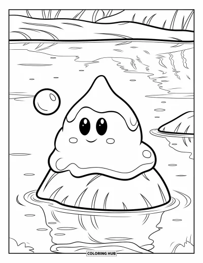 Coloriage de slime pour enfants : Un slime assis sur un rocher souffle une bulle au bord d'un lac