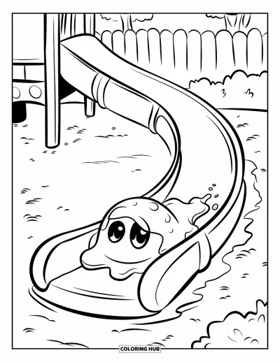Coloriage de slime pour enfants : Un slime dévale un toboggan en forme de créature
