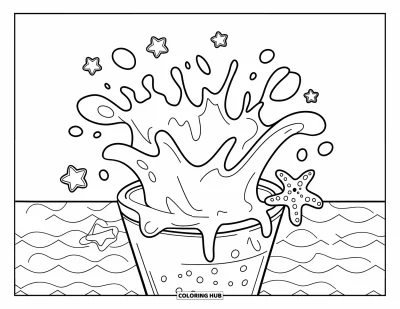 Coloriage de slime pour enfants : Une éclaboussure de slime se répand depuis un récipient près d'une étoile de mer