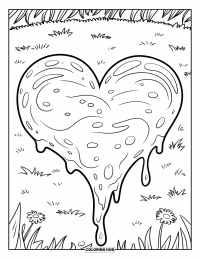 Coloriage de slime pour enfants : Un slime avec des bulles forme un cœur dans un champ de fleurs