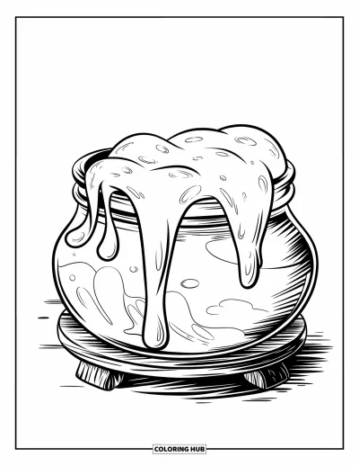 Coloriage de slime pour enfants : Du slime avec de minuscules bulles d'air s'écoule d'un bocal sur un support