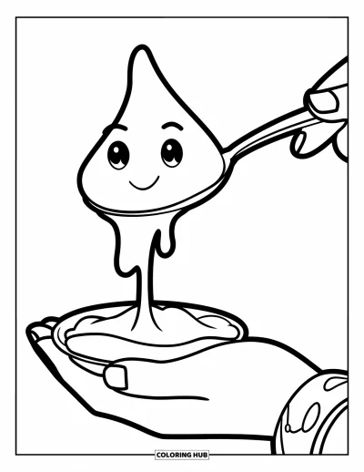 Coloriage de slime pour enfants : Un petit blob de slime qui dégouline lentement d'une cuillère tenue par une main avec un bracelet