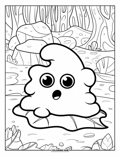 Coloriage de slime pour enfants : Un petit slime aux grands yeux entouré de fleurs et de feuilles