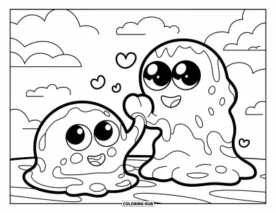 Coloriage de slime pour enfants : Des amis slimes souriants se tapent dans la main dans un ciel nuageux