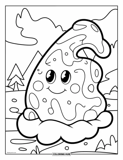 Coloriage de slime pour enfants : Un slime souriant assis sur un nuage avec une traînée en forme de « A »