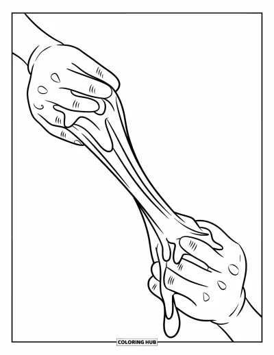 Coloriage de slime pour enfants : Du slime élastique tiré entre des mains qui rigolent