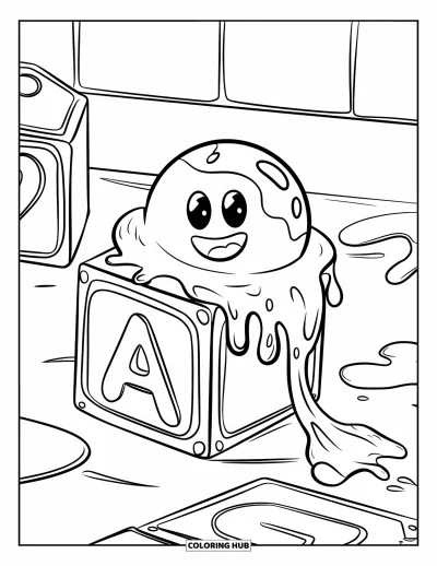 Coloriage de slime pour enfants : Un slime élastique et souriant tiré entre deux grosses mains de dessin animé