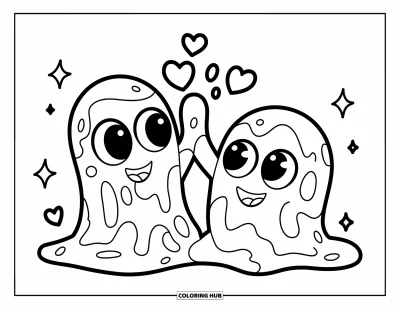 Coloriage de slime pour enfants : Deux blobs de glu se tapent dans la main avec des cœurs et des étoiles