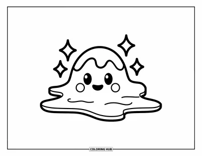 Coloriage de slime pour enfants : Une flaque de slime ondulée souriante avec des étincelles au-dessus
