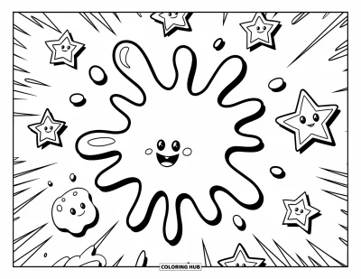 Coloriage de slime pour enfants : Une éclaboussure de slime ondulée entourée d'étoiles souriantes