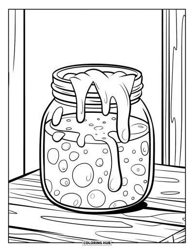 Coloriage de slime pour enfants : Un grand bocal aux bords bulleux déverse du slime sur une table