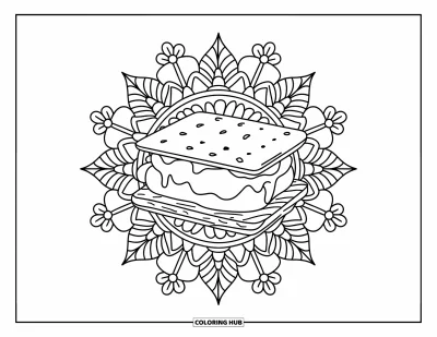 Coloriage de s'mores pour adultes : Mandala botanique encadrant un s'more fondant avec guimauve et chocolat
