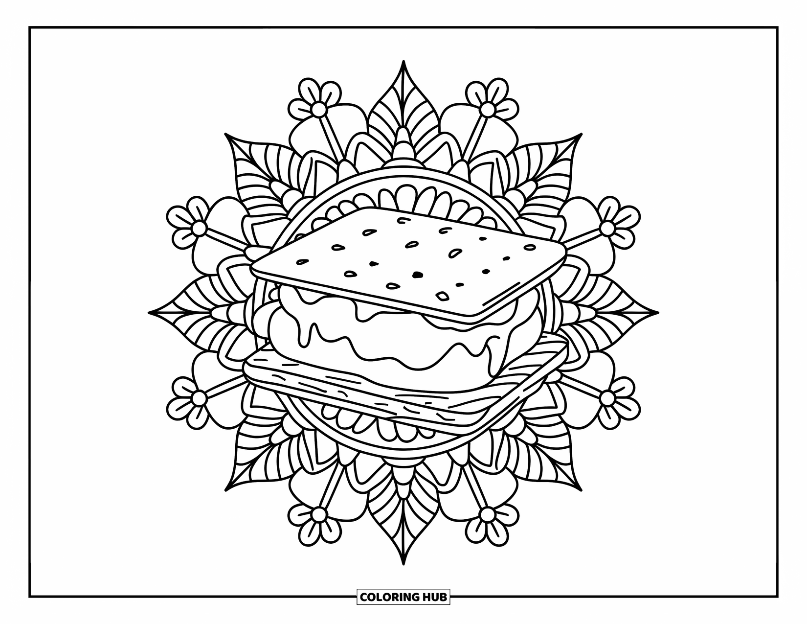 Smore Coloring Page for Adults: Botanical mandala framing a gooey s'more with marshmallow and chocolate