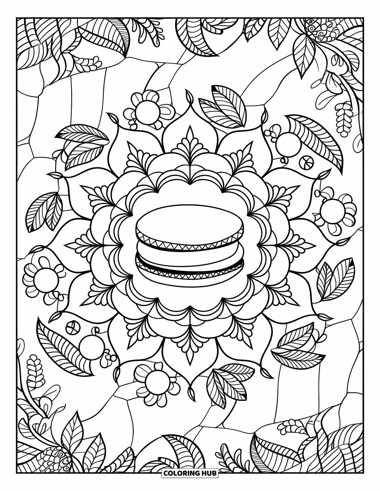 Smore Coloring Page for Adults: Botanical mandala with s'more centered against textured background