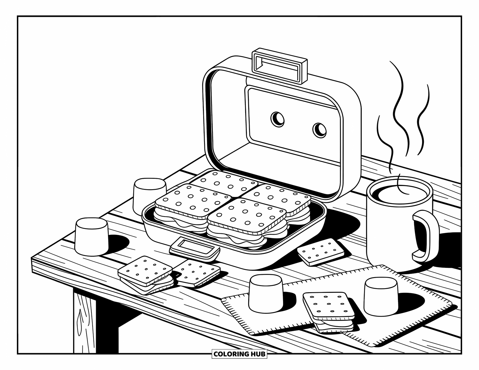 Smore Coloring Page for Adults: Camp oven full of smores beside cocoa and snack ingredients