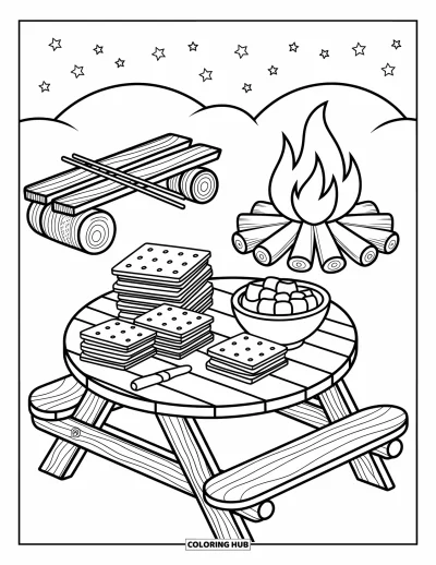 Coloriage de s'mores pour adultes : Table de s'mores avec collines et étoiles scintillantes