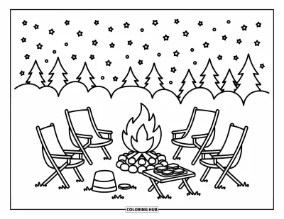 Coloriage de s'mores pour adultes : Feu de camp entouré de chaises et d'une table de s'mores
