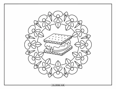 Coloriage de s'mores pour adultes : Mandala floral circulaire avec un s'more fondant en son centre