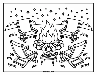 Coloriage de s'mores pour adultes : Feu de camp et s'mores dans une ambiance forestière sous les étoiles